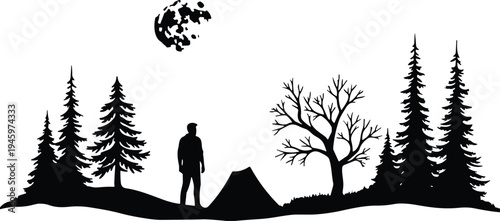 Black Silhouette of Man Camping in Forest with Pine Trees Under Full Moon and Starry Night Sky for Outdoor Adventure Design