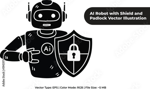 AI Robot with Shield and Padlock Vector Illustration