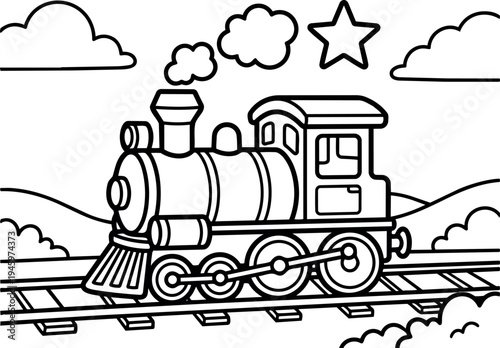 Black and white line art steam locomotive train on rails with clouds smoke star and hills background vector illustration