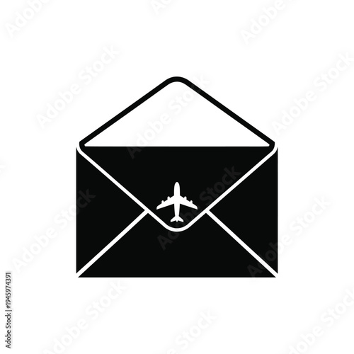 Black envelope with white airplane symbol inside