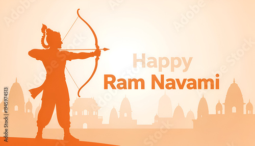 Silhouette of lord rama for ram navami and dussehra and rama puja banner with temple background and elegant warm colors for a creative social media