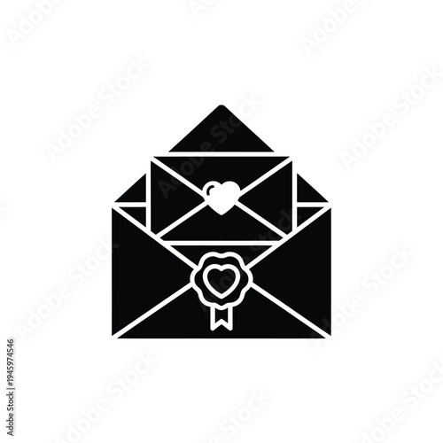 Black and white of an open envelope with heart stamps