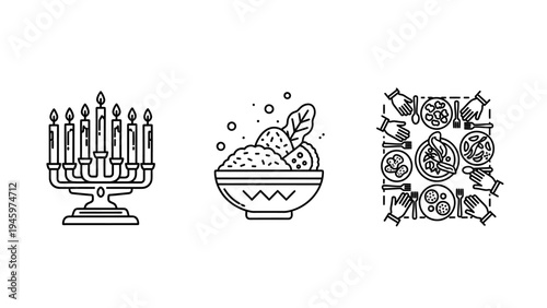 Set of three outline icons: hanukkah menorah with candles, bowl of food with leaves, and overhead view of a meal setting