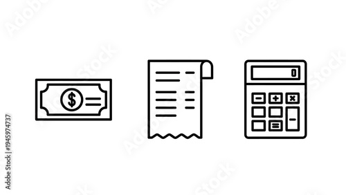 Icons of a dollar bill, a receipt, and a calculator symbolizing finance, accounting, and calculations
