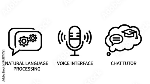 Ai and technology icons: nlp, voice interface, chat tutor for learning, white background