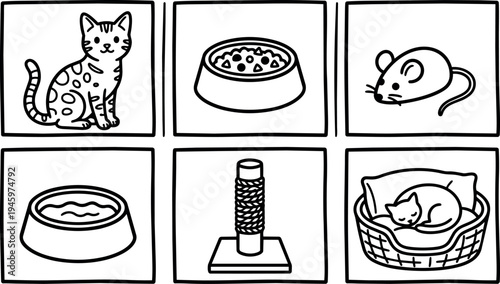Black and white line art cat sitting mouse pet food bowl water dish scratching post and cat bed resting vector