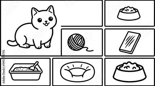Line art vector set showing cute cat with yarn ball book litter box food bowl and soft pet bed icons in simple black and white style