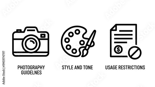 Creative icons: camera, art palette, and usage restrictions document, white background