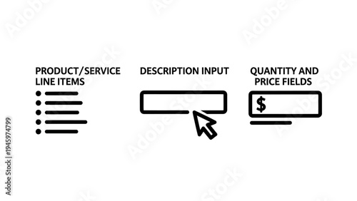 Product list, description input, and price fields icons: e-commerce and sales data entry concepts, e commerce