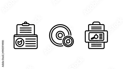 Icons of checklist, cd disc and printer with search magnifying glass representing tasks, data and printing