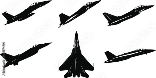 WebVector silhouette set of modern fighter jets, military aircraft in flight, supersonic interceptors and air force planes isolated on white,