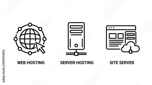 Icons for web hosting, server hosting, and site server: internet infrastructure and data center concepts