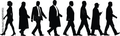 Walking silhouettes, fashion evolution, posture progression, casual lifestyle, business attire, transformation concept, mobile phone usage, modern society, clothing diversity, timeline
