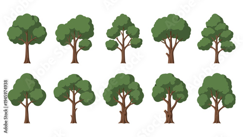 Illustration of ten different cartoon trees with varying green foliage and brown trunks arranged in two rows on a white background.