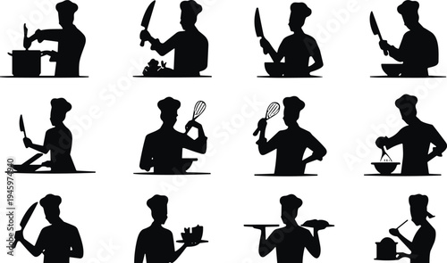 WebVector silhouette set of professional chefs cooking, chopping with knives, whisking, and serving food isolated on white background for restaurant design,