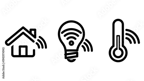Smart home technology icons: house, light bulb, thermometer with wi-fi signal - concept of connected devices and iot
