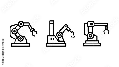 Robotic arm icons: industrial automation, manufacturing, assembly line - concept of robotics and industry 4.0, robot arm, pick and place, smart factory