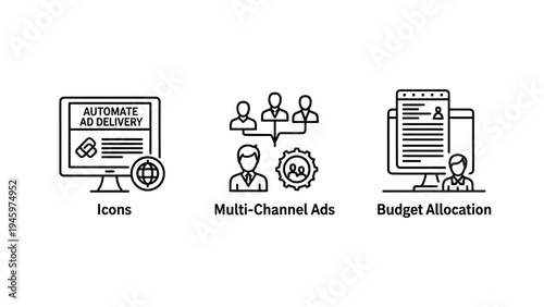 Marketing and business icons: ad delivery, multi-channel ads, budget allocation - concept of digital marketing strategy, social media
