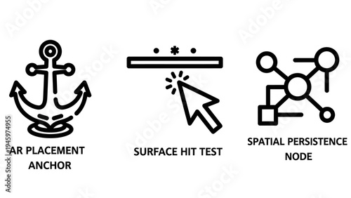 Augmented reality icons: ar anchor, surface hit test, spatial node - concept of ar development and spatial computing, anchor icon