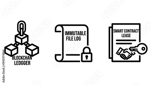 Blockchain and smart contract icons: ledger, file log, lease agreement - concept of decentralized technology and digital contracts