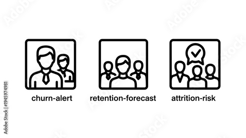 Customer attrition icons: churn alert, retention forecast, attrition risk - concept of customer relationship management
