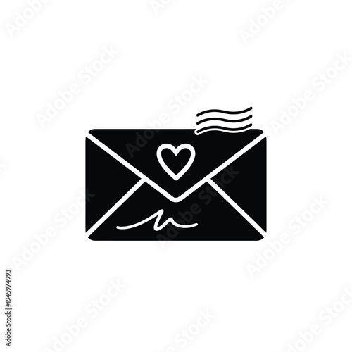 Black envelope with white heart stamp and postmark