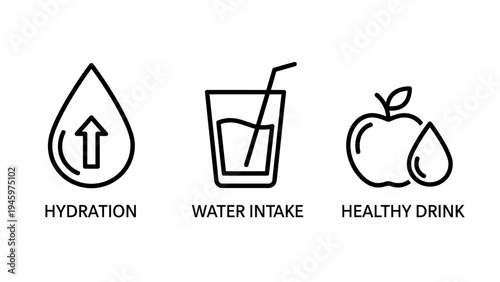 Outline icons for healthy living: a water drop with an upward arrow for hydration, a glass of water with a straw, and an apple with a water drop