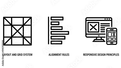 Web design icons: layout grid, alignment rules, and responsive design principles, line art, layout icon