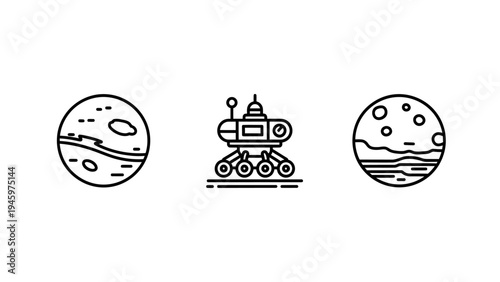 Space icons: planet, mars rover, and moon, representing exploration and science, line art, celestial body, outer space, exploration icon