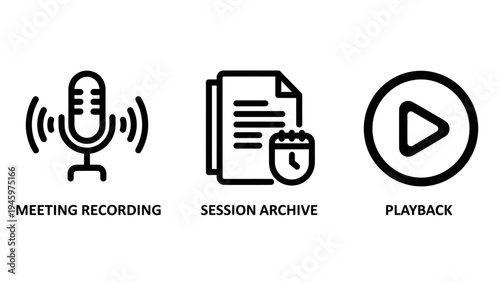 Meeting recording, session archive, and playback icons for communication and data management, line art, meeting icon