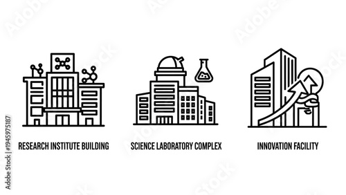 Science and innovation icons: research institute, laboratory complex, and innovation facility in clean line art style