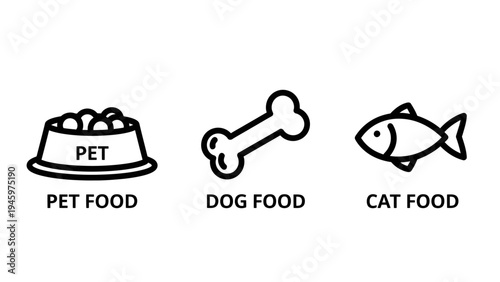 Pet food icons: bowl, dog bone, and fish silhouette, cat food, pet care, wet food, dry food