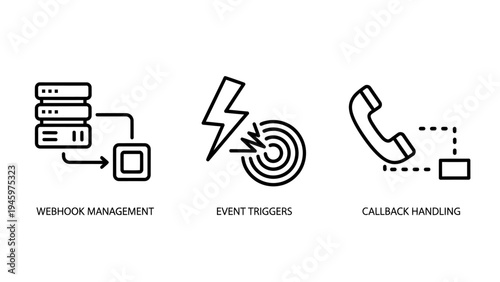 Api and integration icons: webhook management, event triggers, and callback handling for systems