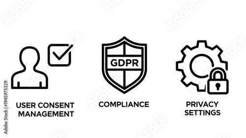 Data privacy icons: user consent, gdpr compliance shield, and privacy settings with gear