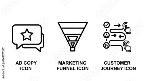 Marketing and sales icons: ad copy, marketing funnel, and customer journey map with steps