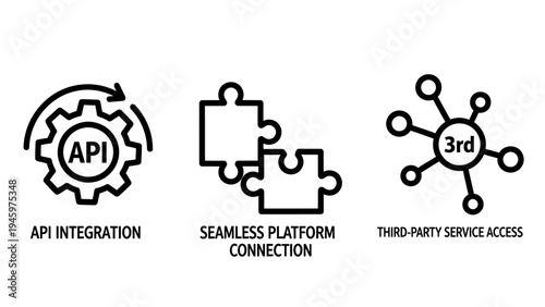 Api integration, platform connection, and third-party service access icons representing technology and business solutions