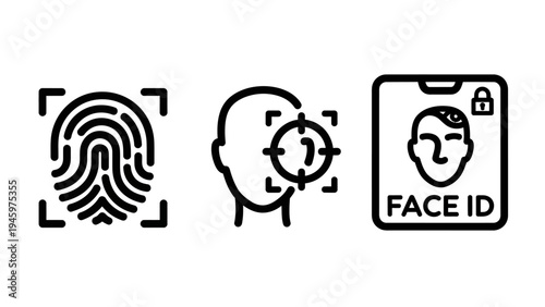 Biometric security icons: fingerprint scan, face id, and facial recognition for identity verification, face id