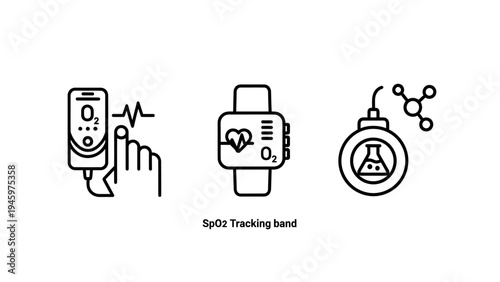 Health monitoring icons: pulse oximeter, smartwatch heart rate, and oxygen saturation tracking