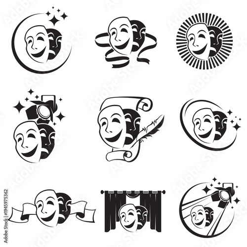 collection of comedy and tragedy theatrical masks isolated on white background