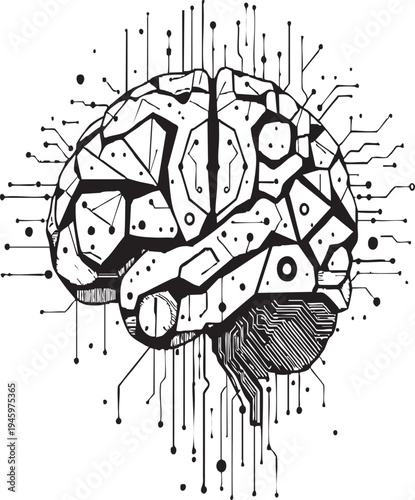 Brain neural network vector illustration with geometric shapes circuit lines artificial intelligence machine learning cognition technology artistic design