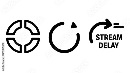 Technology icons: circular process, refresh symbol, and stream delay for digital operations