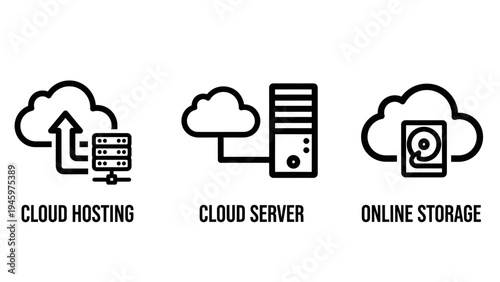 Cloud computing icons: hosting, server, and online storage for digital data management