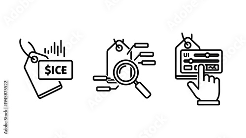 Pricing and analytics icons: tag with price, magnifying glass on data, and slider control, data analysis, user interface, icon set, business icon, marketing icon