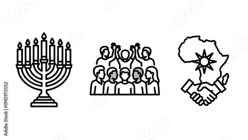 Cultural icons: menorah, diverse crowd, and african handshake symbol for unity and connection, cultural icon, diversity icon, icon set, people icon