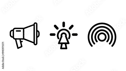 Communication and broadcast icons: megaphone, lightbulb, signal