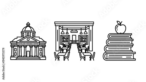 Education icons: library, public building, stack of books with apple