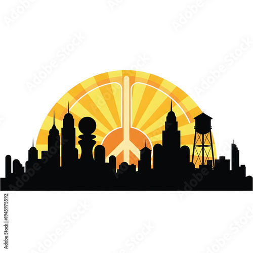 Graphic city skyline silhouette featuring a radiant peace sign sunrise, integrating a strategic chess pawn, depicting urban harmony and thoughtful city life