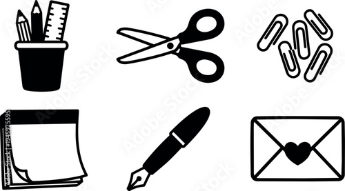 Minimalist black silhouette icons set of pen pencil ruler scissors paper clips sticky notes and heart envelope vector art design
