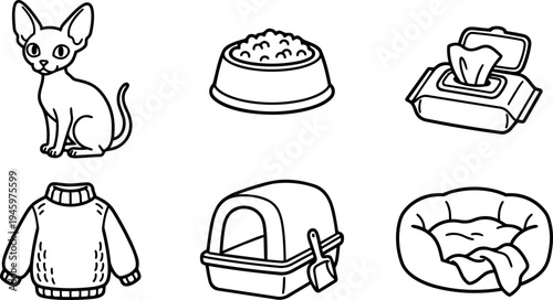 Black and white line art of cat sitting with pet accessories bowl sweater litter box wipes and soft bed illustrations