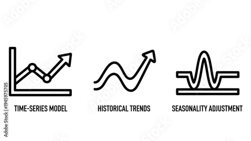 Time-series model historical trends seasonality adjustment line icons for data analysis